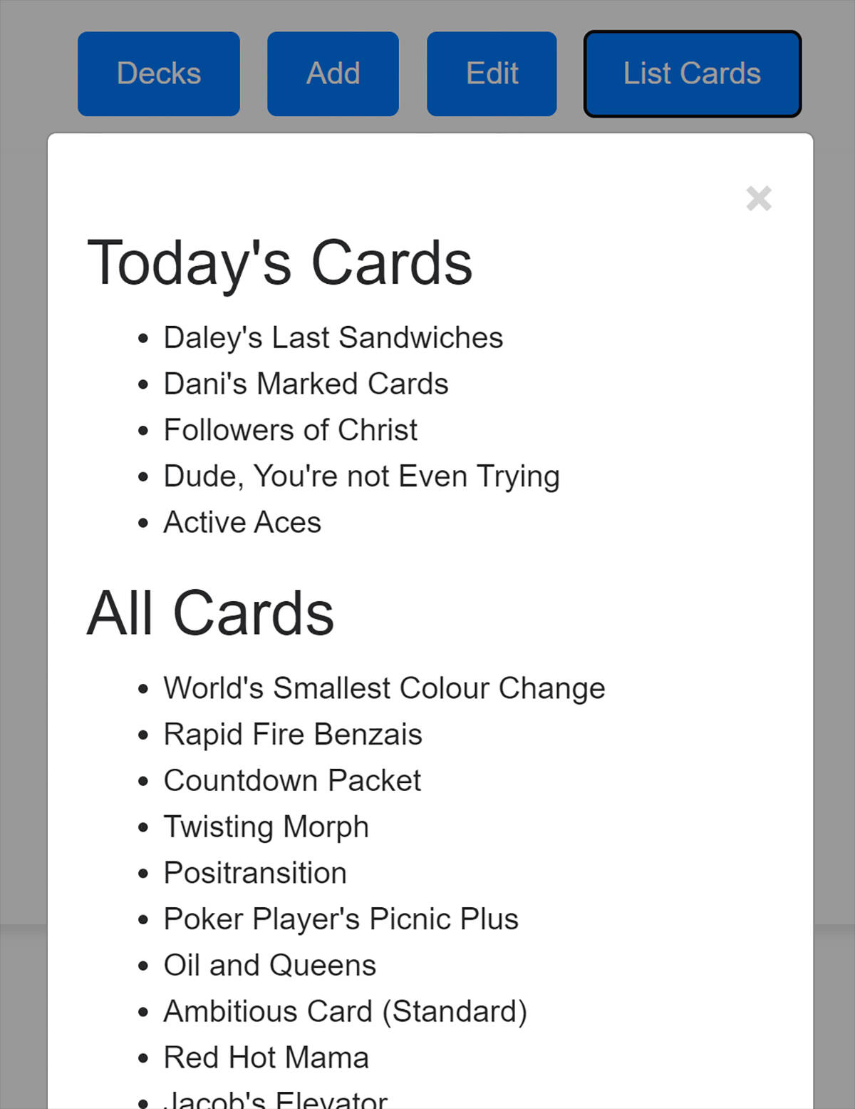 The "List Cards" display in my flash cards app.