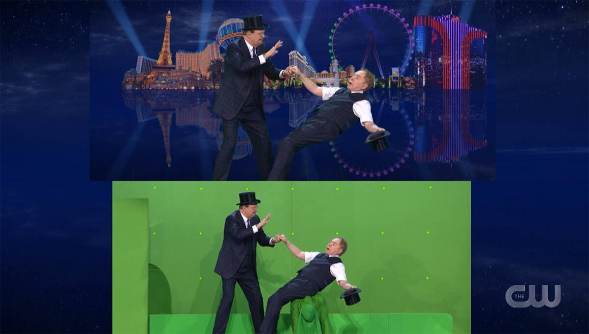 Penn and Teller performing green-screen magic.