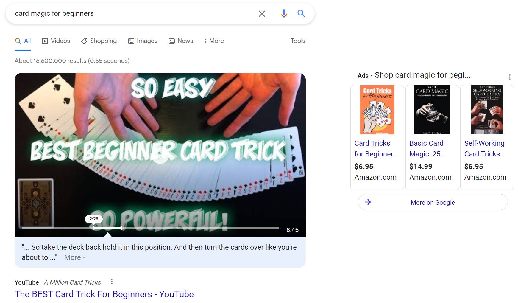 Google search results for "card magic for beginners"
