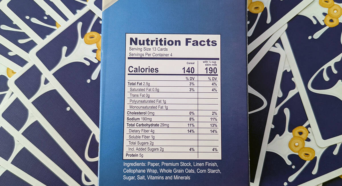 Nutrition Facts on the back of the Far-Os playing cards.