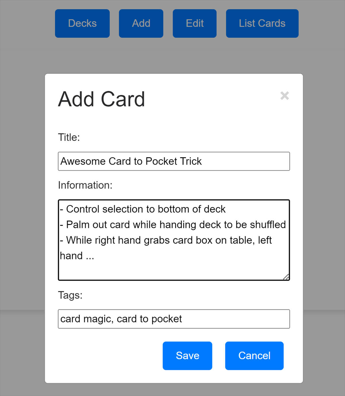 The "Add Card" form in my flash cards app.